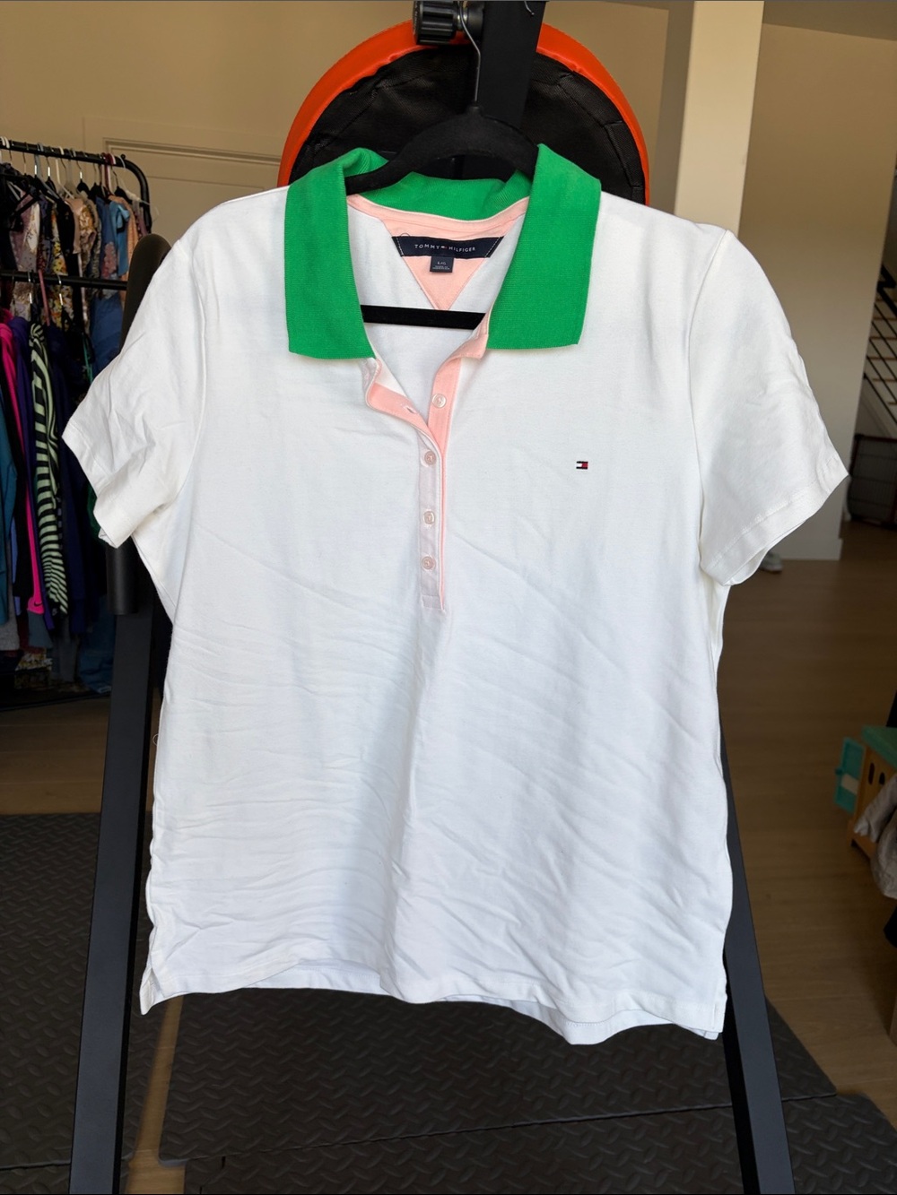 Tommy Hilfiger White Polo Top with Green Collar and Pink Placket